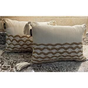 2 Beaded Throw Pillows By Mod Lifestyles Great Design 16x12 Tan cream Color